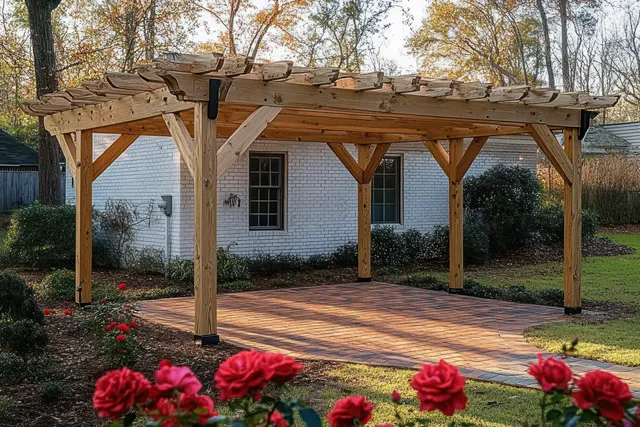 A wooden pergola shades a brick patio while red roses bloom in front of an autumn backyard and white house.