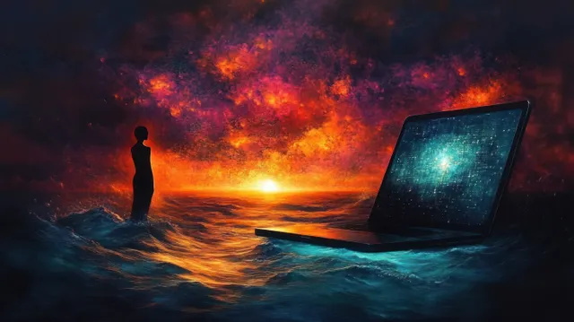 一个剪影人物站在翻涌的海洋中，面对一台在日落时显示银河画面的发光笔记本电脑。