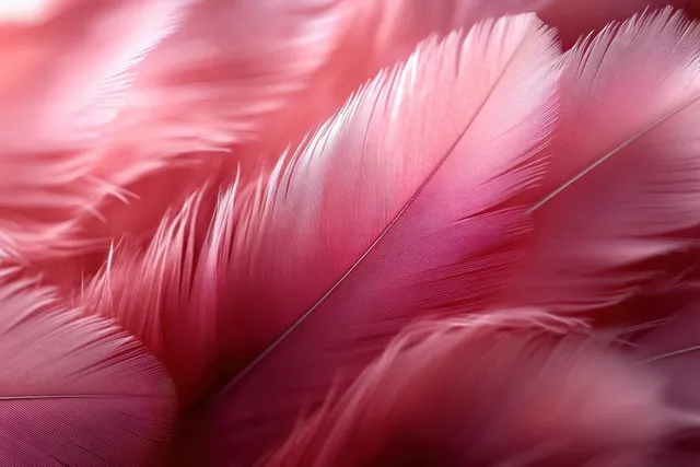 Close-up of soft pink feathers with detailed barbs and gentle light across the textured plumage.