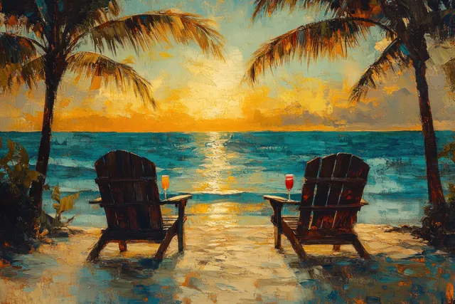 Retired couple relaxing with drinks under palm trees on a tropical shoreline at sunset