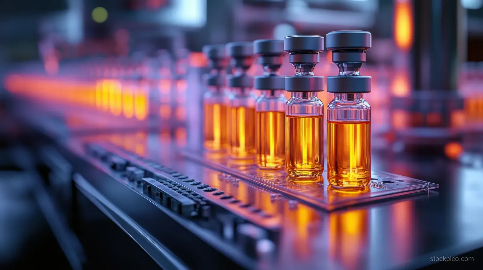 Amber vaccine ampoules lined on a laboratory rack with glowing lights and blurred background.