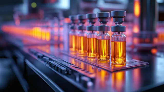 Amber vaccine ampoules lined on a laboratory rack with glowing lights and blurred background.