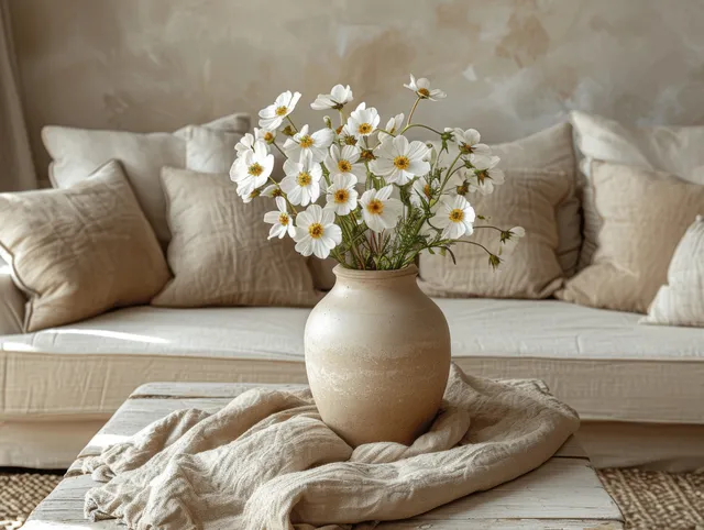 Beige vase with white daisies on a coffee table in front of a beige sofa.