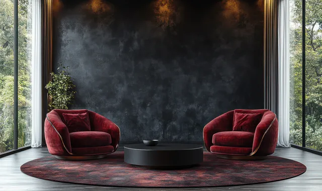 Burgundy armchairs and a round black coffee table sit on a rug facing a matte black wall.