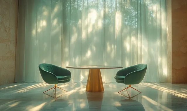 Two green velvet chairs and a wooden table sit in a sunlit minimalist room with sheer curtains.