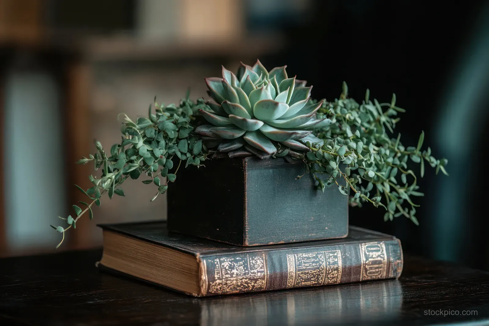 A succulent in a dark square pot rests on vintage books on a wooden table under moody light.