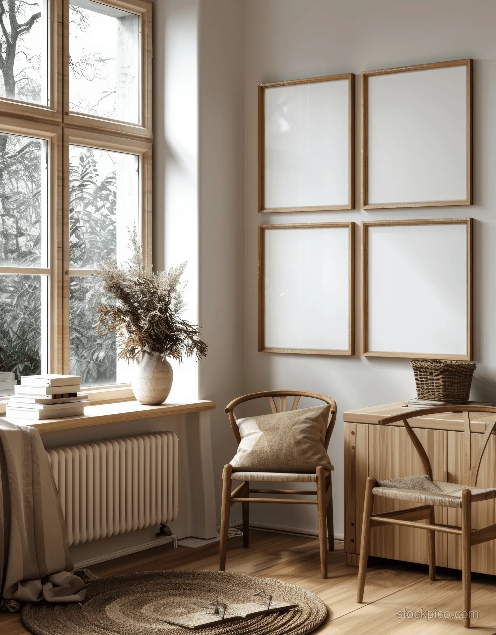Minimal living room with blank frame mockups on a white wall, wooden chairs, window light, and a cabinet with flower pot and book.