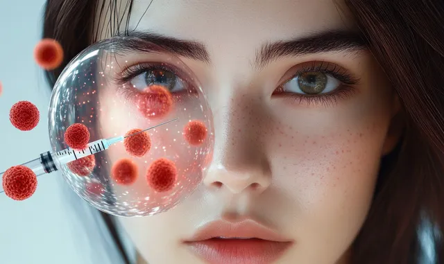 Young woman’s face in close-up with freckles, plus a transparent sphere containing red virus particles and a syringe concept.