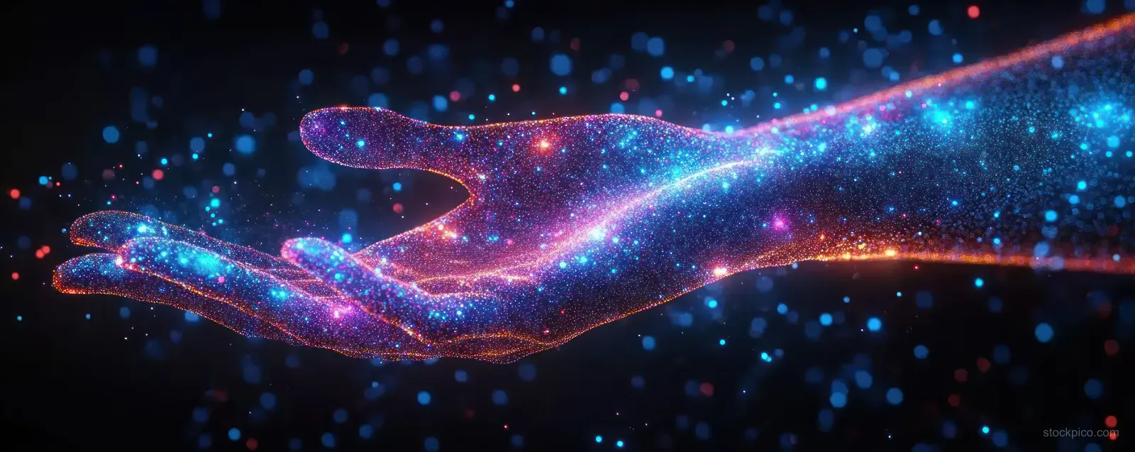 Neon blue and purple cyberpunk hand gesture surrounded by floating particles and a sweeping light wave.