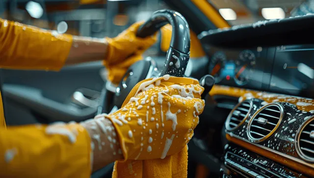 A man’s gloved hand wipes a luxury SUV dashboard with a yellow microfiber cloth near the air vents.