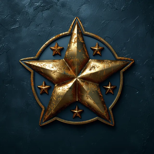 Golden star badge with blue sparkles on dark textured background for rating recognition
