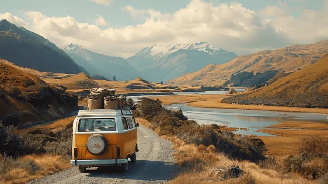An old van with rooftop luggage travels along a winding road beside a river in New Zealand mountains.