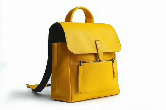 Yellow leather backpack with a front zipper pocket and black straps sitting on a white background.