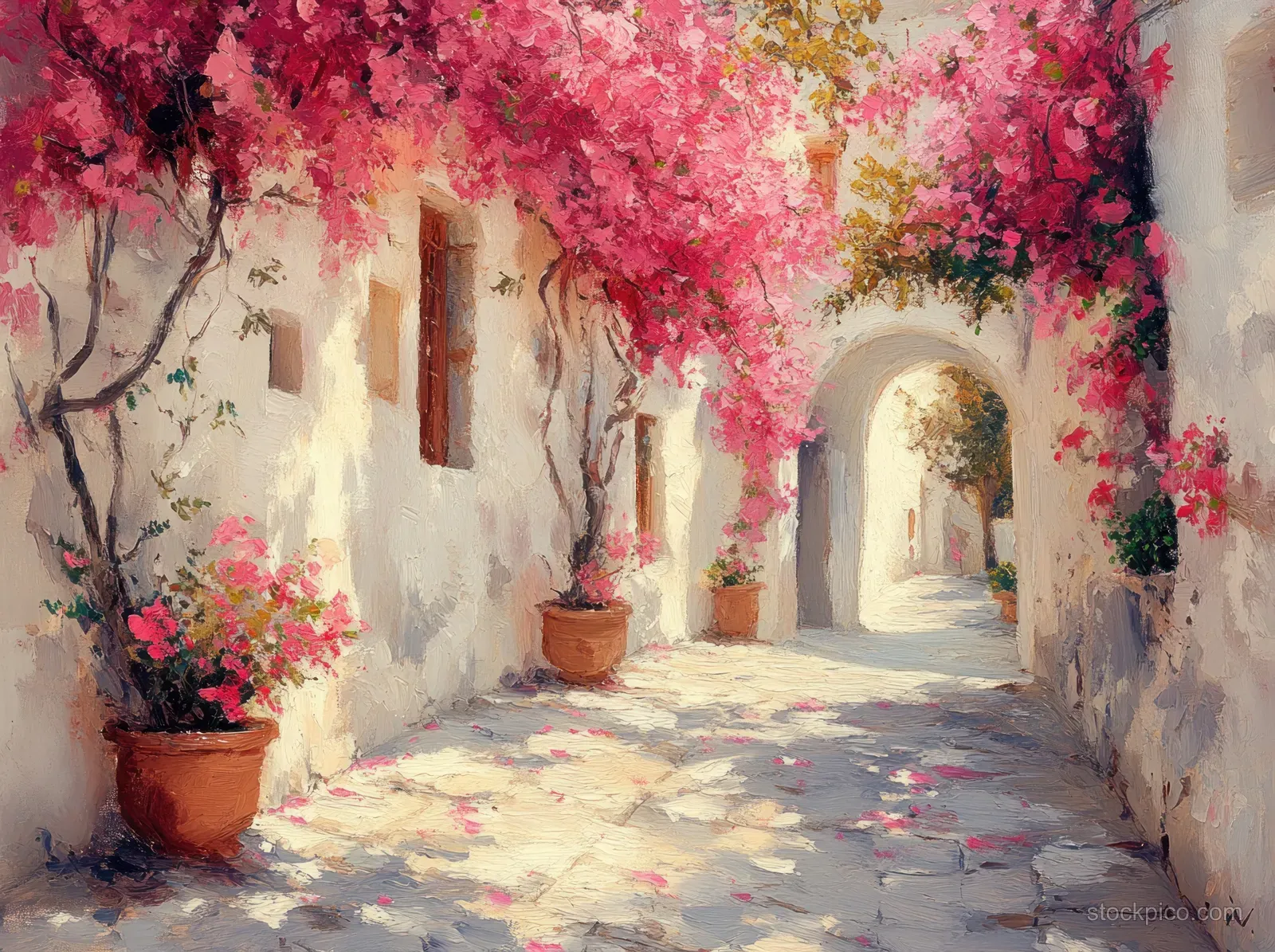 Sunlit watercolor alleyway with white houses and pink bougainvillea spilling over stone steps and terracotta pots.
