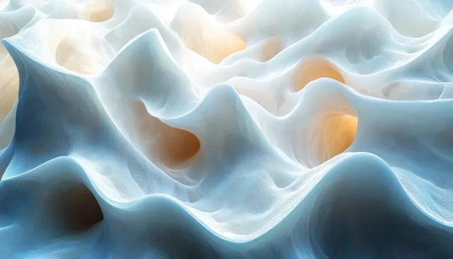 Minimalist 3D abstract geometric forms with soft ambient lighting on a white wave background