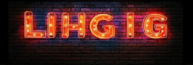Red neon LIGHT LIGHT letters glow against a dark brick wall with bright tube outlines.