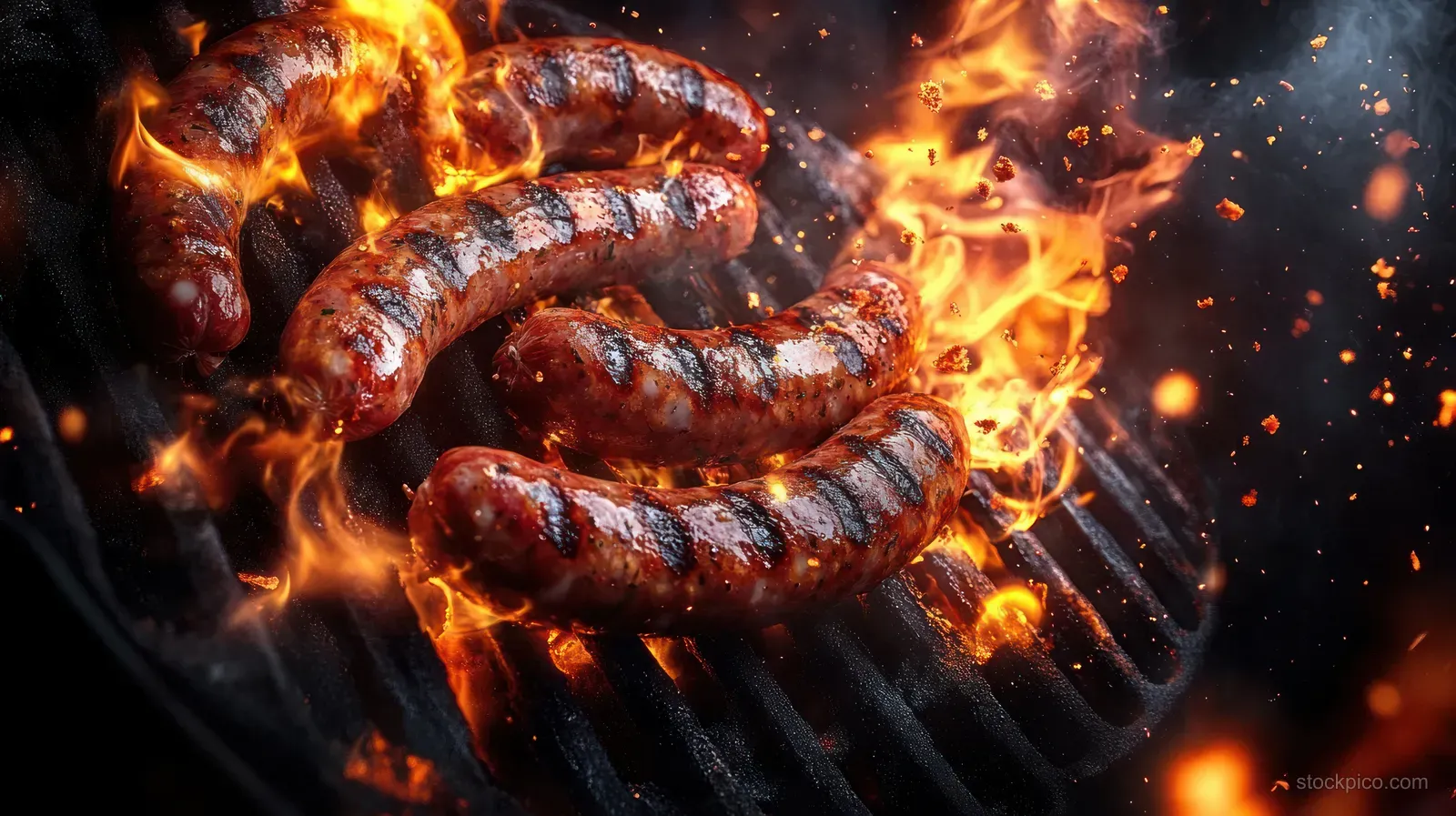 Sausages on a charcoal grill sizzle as flames rise and smoke swirls overhead from a top view.