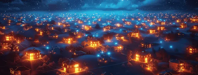Night city neighborhood with glowing houses linked by digital energy network lines