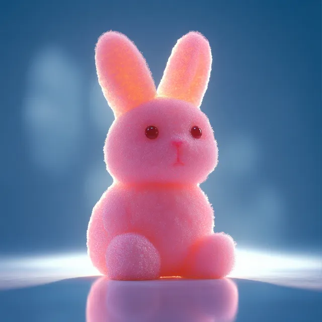 A soft pink plush bunny toy glows and reflects on a glossy surface against a smooth blue background.