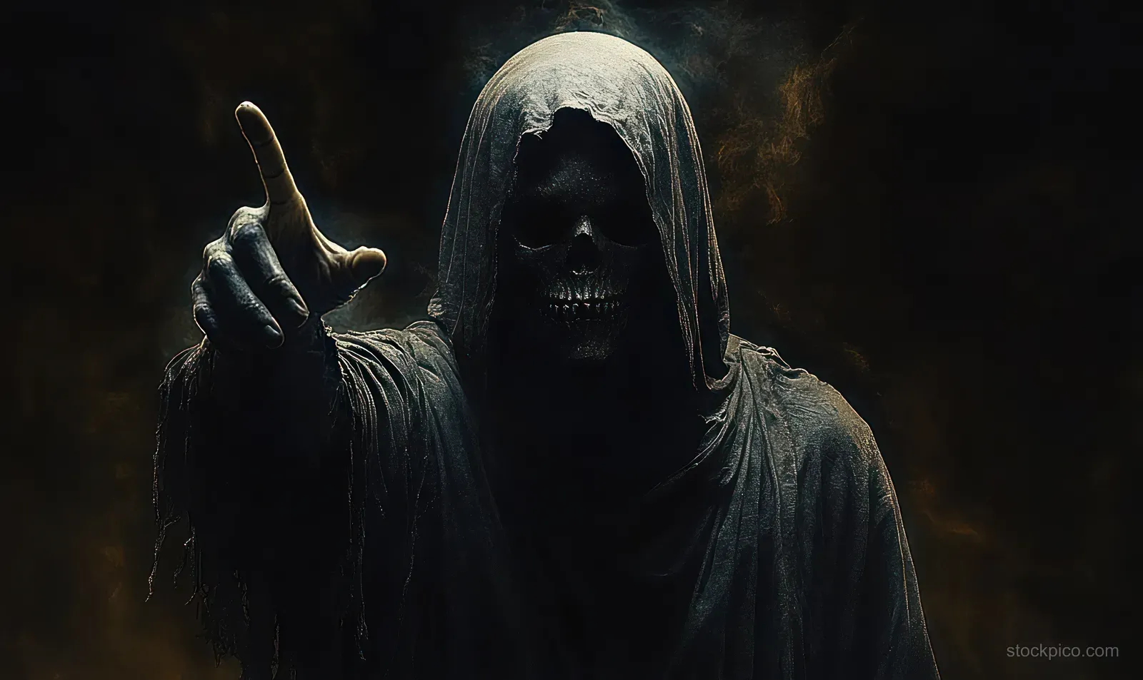 Hooded grim reaper skull figure pointing toward the viewer with smoky shadows in a dark Halloween scene.