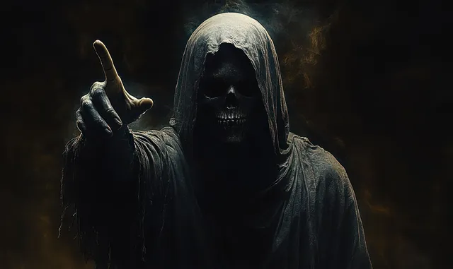 Hooded grim reaper skull figure pointing toward the viewer with smoky shadows in a dark Halloween scene.