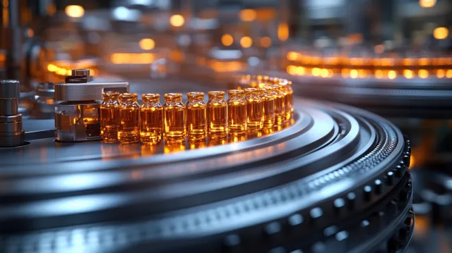 Amber medicine vials move along a curved conveyor inside a pharmaceutical factory under soft ambient lighting.