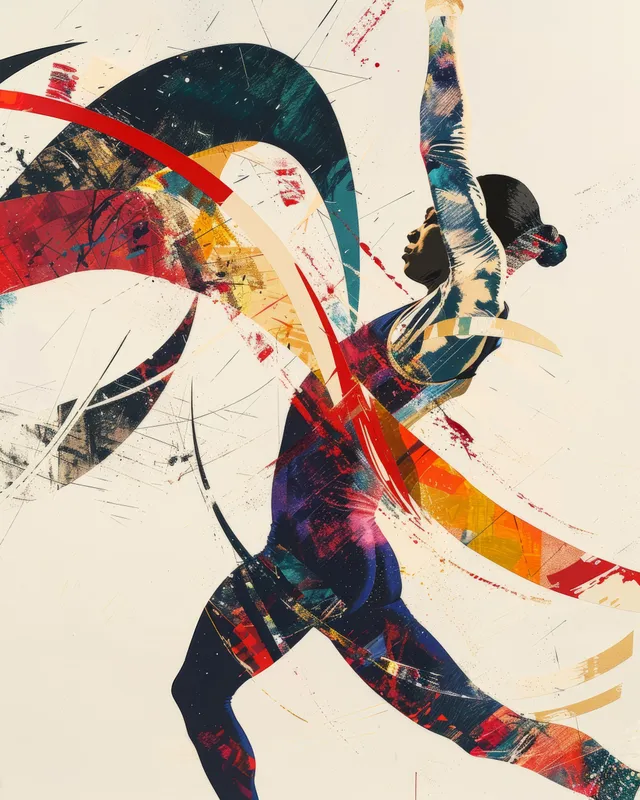 Female gymnast leaping forward with colorful paint splashes and motion streaks behind her.