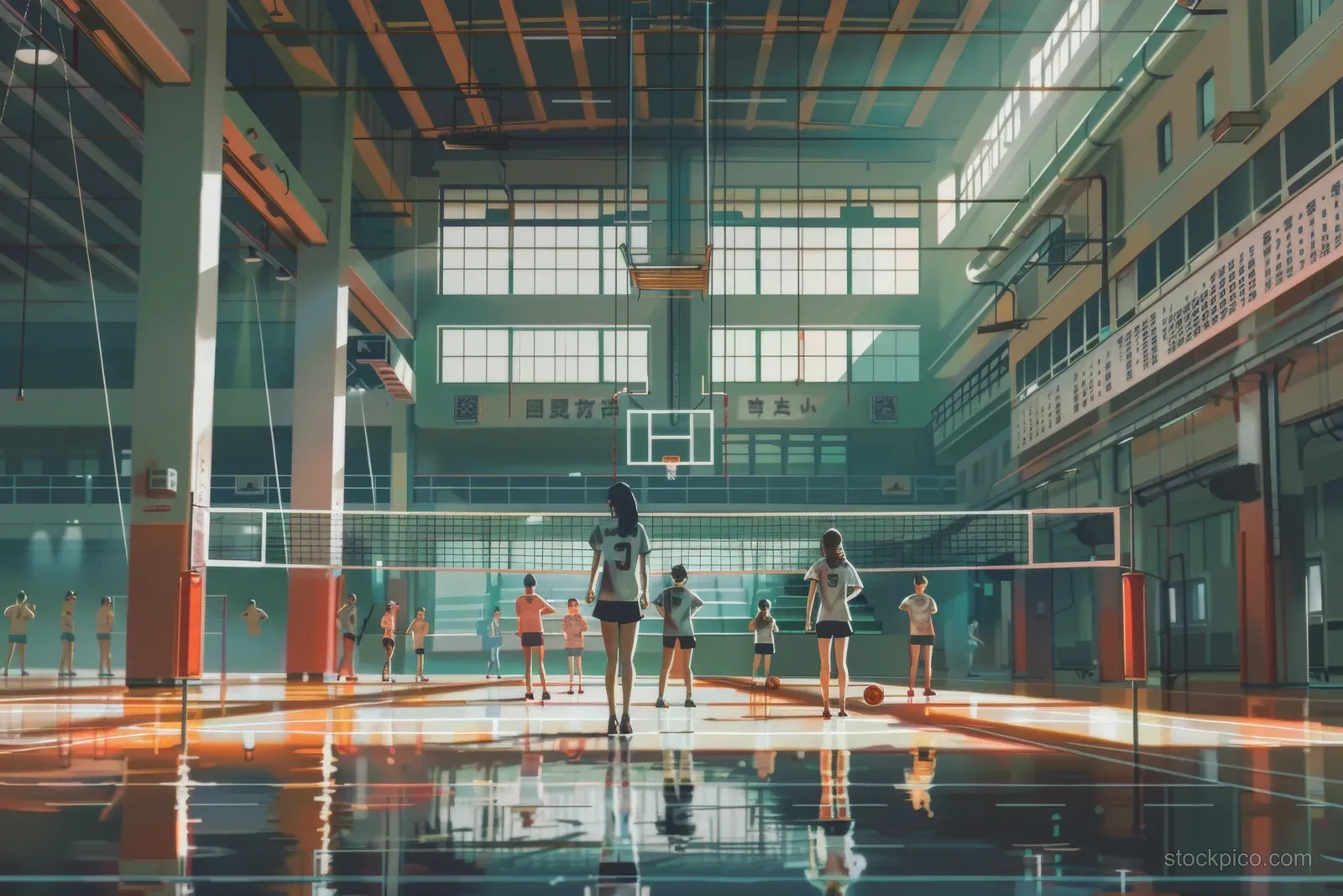Women practice indoor volleyball in a bright gym in Japan, showcasing teamwork and energetic sportsmanship.
