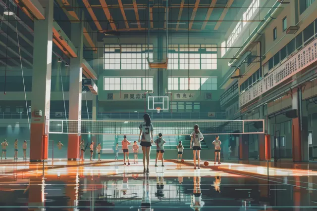 Women practice indoor volleyball in a bright gym in Japan, showcasing teamwork and energetic sportsmanship.