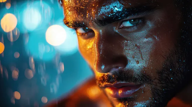 Intense Blue-Eyed Man Close-Up with Dramatic Water Droplets