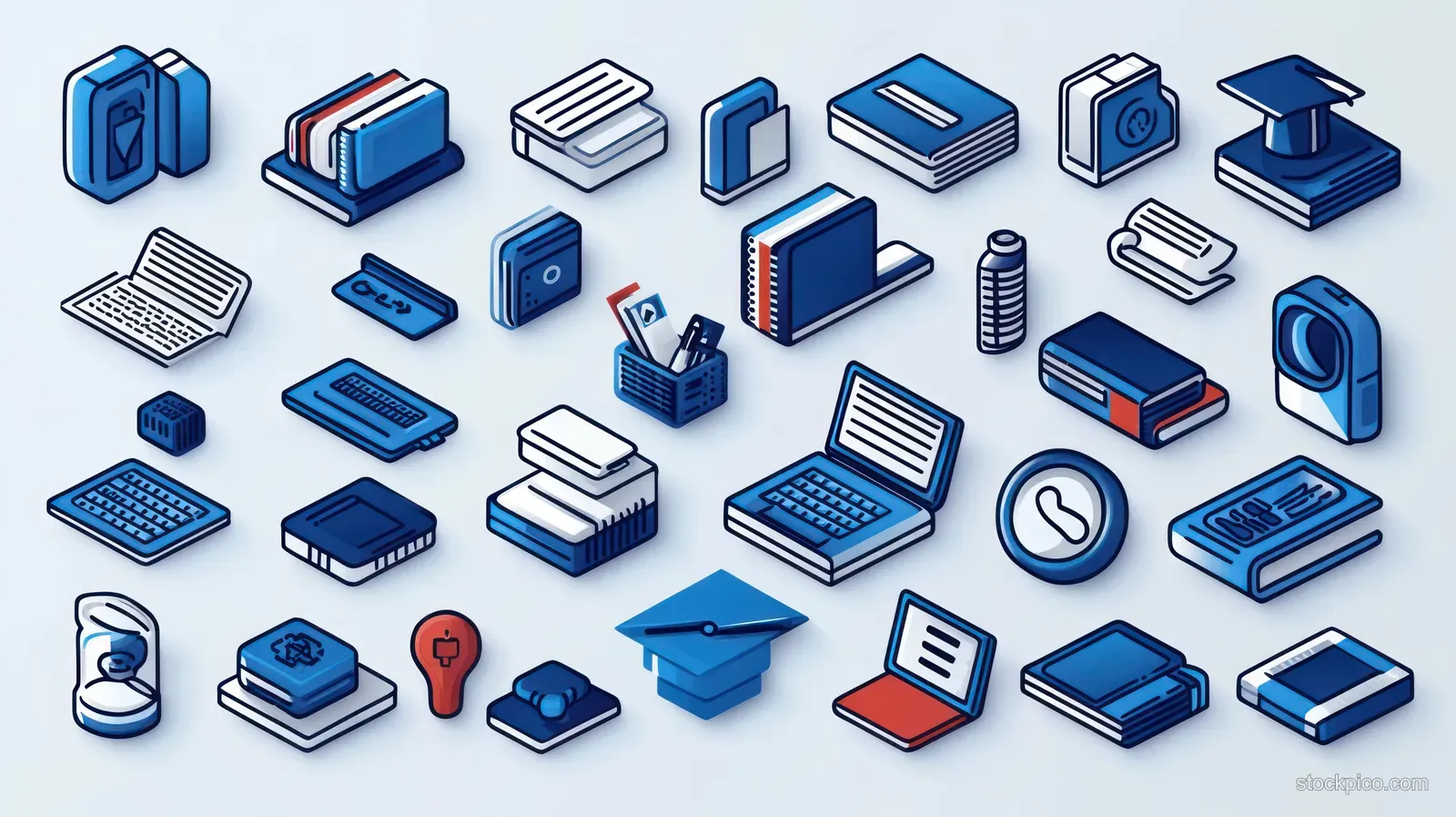 Isometric icons for office and education supplies including laptops, books, graduation cap, keyboard, and clock on a light background.