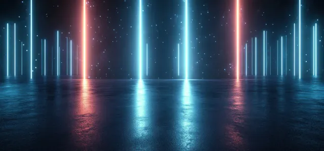 Blue neon light lines stretch across a dark futuristic room with reflective concrete floor
