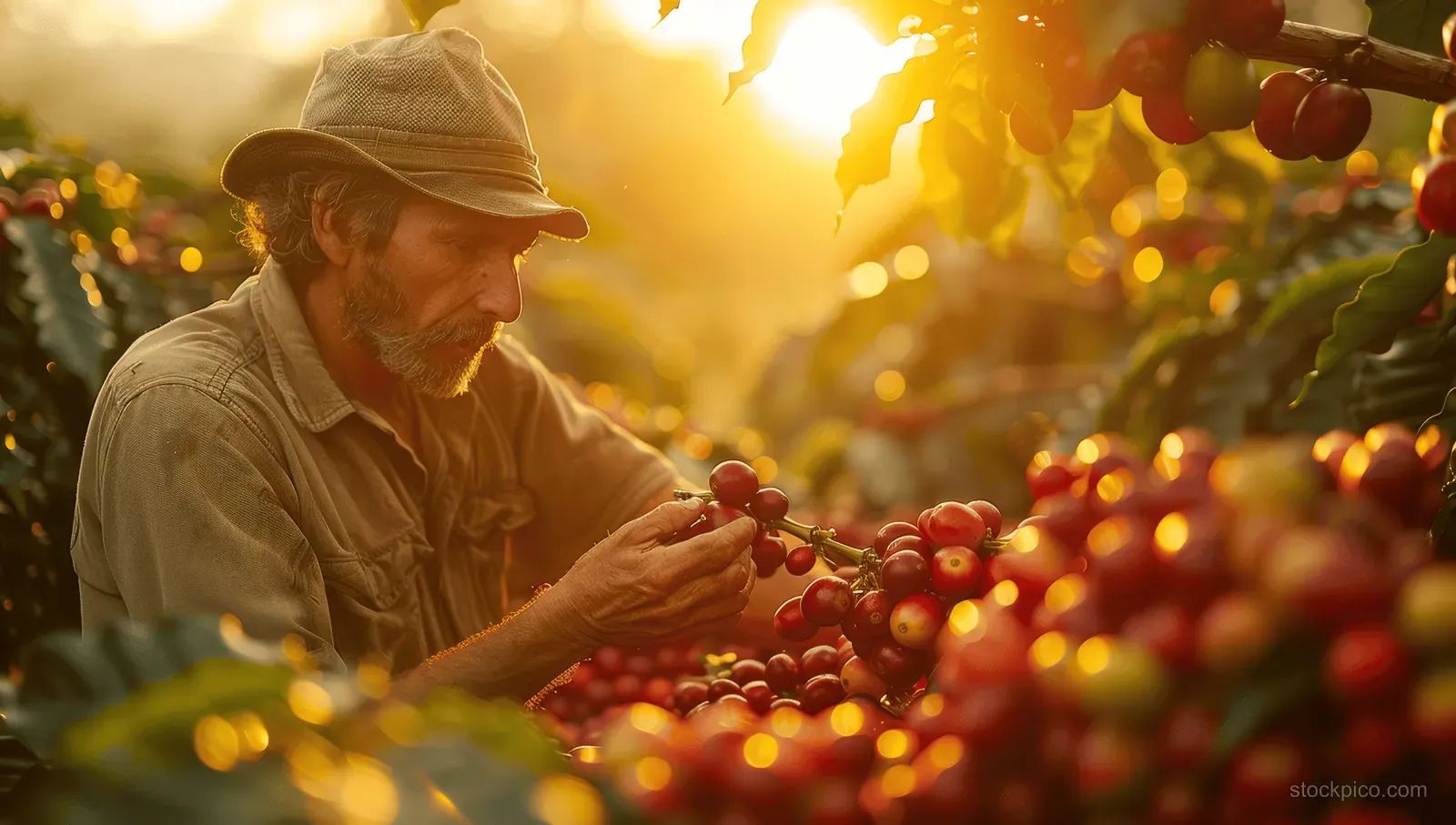A hat-wearing coffee worker handpicks red cherry coffee berries in a foggy sunrise field.