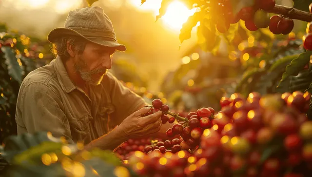 A hat-wearing coffee worker handpicks red cherry coffee berries in a foggy sunrise field.