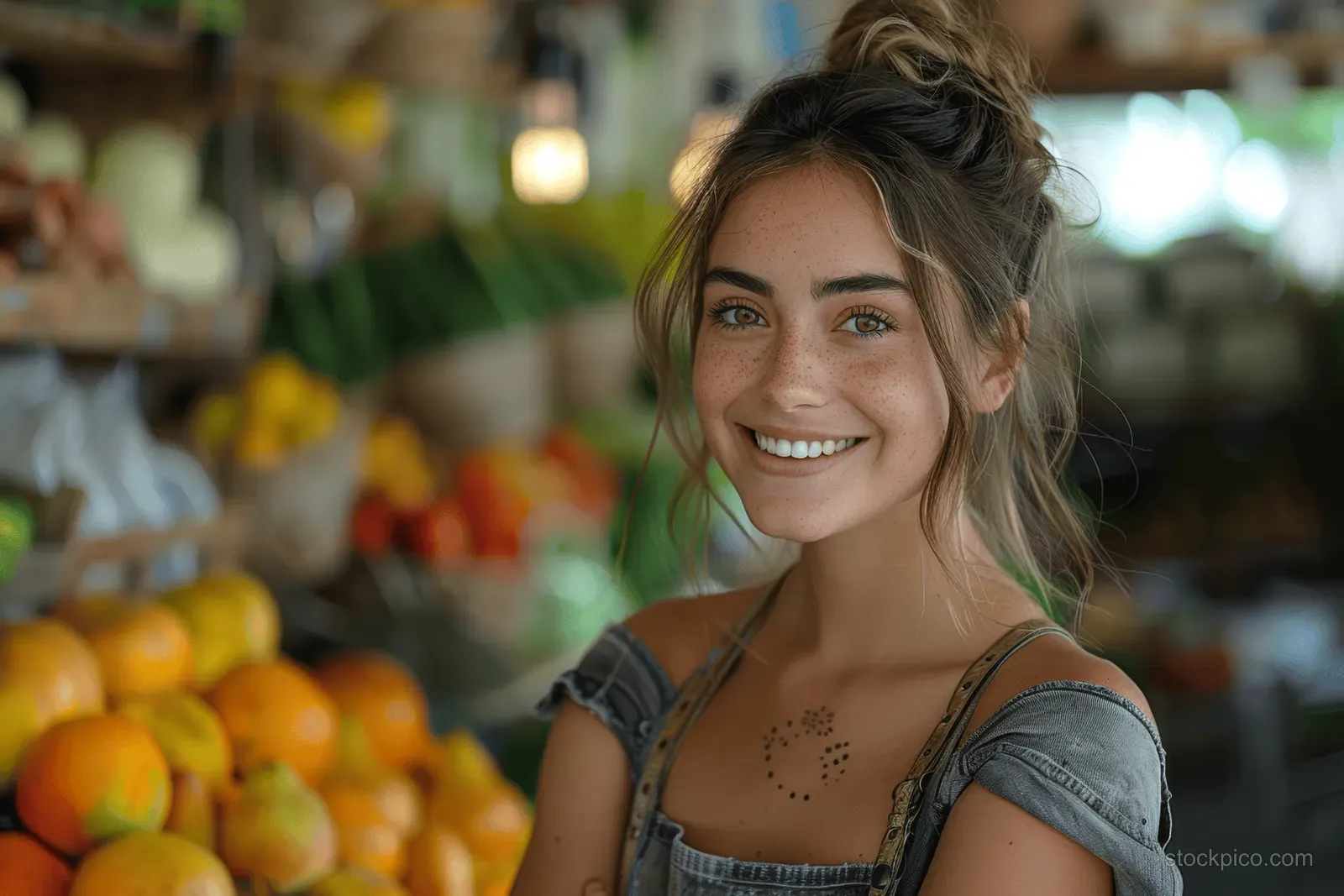 A smiling young female shop worker stands at an organic grocery checkout with produce shelves behind her.