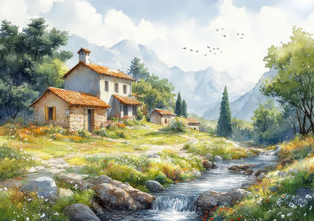 Hand-drawn countryside cottages beside a winding river with rocks, green trees, and distant mountain peaks.