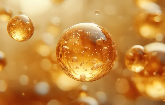 Golden translucent bubbles suspended over a white background with shimmering liquid reflections.