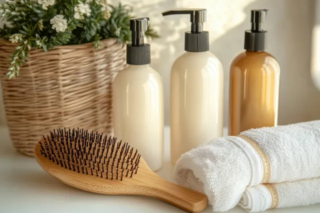 Three pump bottles, a wooden hairbrush, rolled white towels, and a potted plant sit on a bright bathroom counter.
