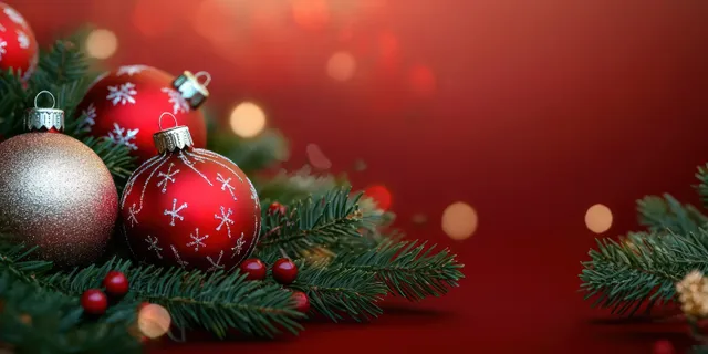 Red and silver Christmas ornaments on evergreen branches with soft bokeh lights