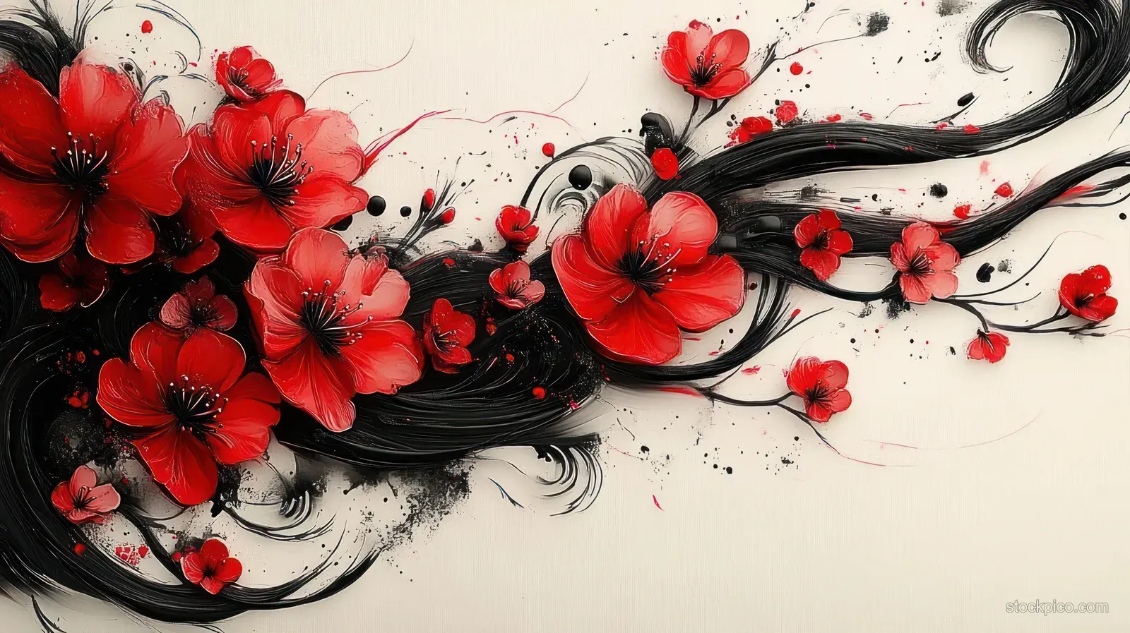 Red flowers and petals are interwoven with flowing black ink strands on a light cream background.