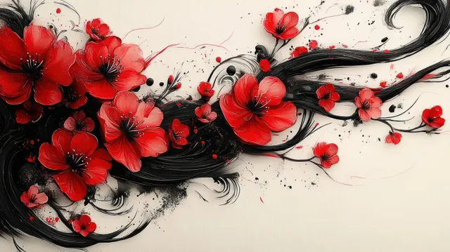 Red flowers and petals are interwoven with flowing black ink strands on a light cream background.