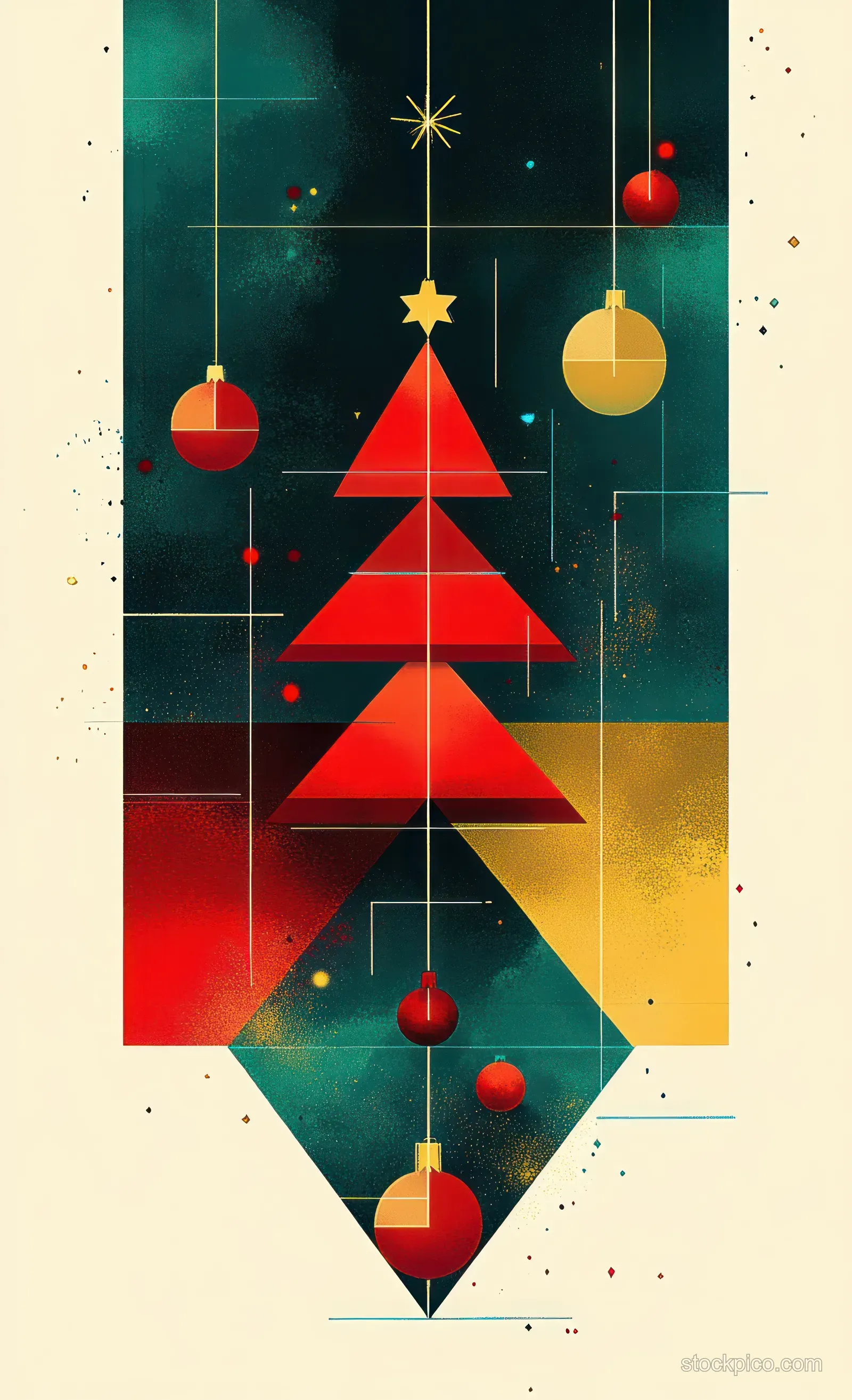 Geometric Christmas tree in red and gold with hanging ornaments on a dark teal textured background.
