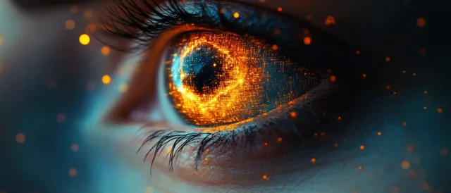 Close-up of a glowing eye with neon formula-like light patterns inside the iris and floating particles.