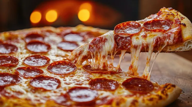 A pepperoni pizza slice is pulled upward with melted cheese stretching, with a glowing wood-fired oven behind.