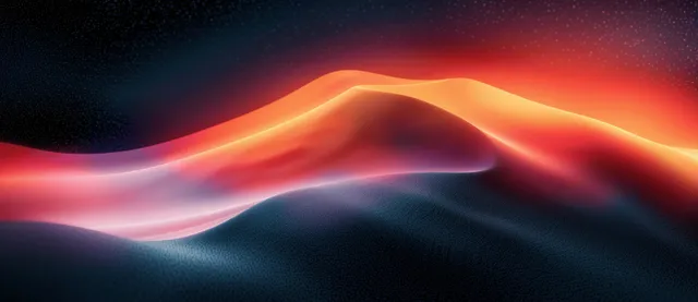 Grainy red orange blue gradient wave forms glow over a dark abstract background with noisy texture.