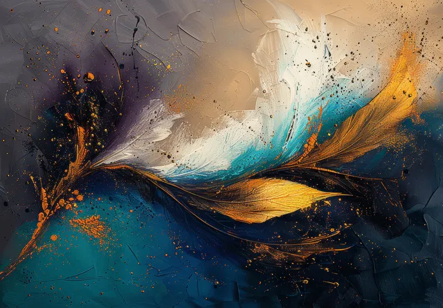 Abstract feather leaf painting with teal and gold strokes swirling over a smoky grey background with speckled paint.