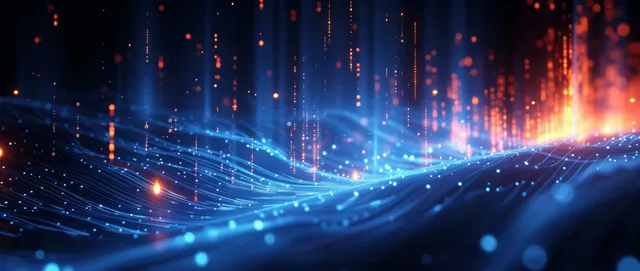 Blue neon light streaks forming a flowing cyberwave over dark abstract digital background