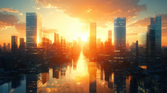 Futuristic skyscrapers shine at sunrise in a smart city, mirrored in reflective water below the skyline.