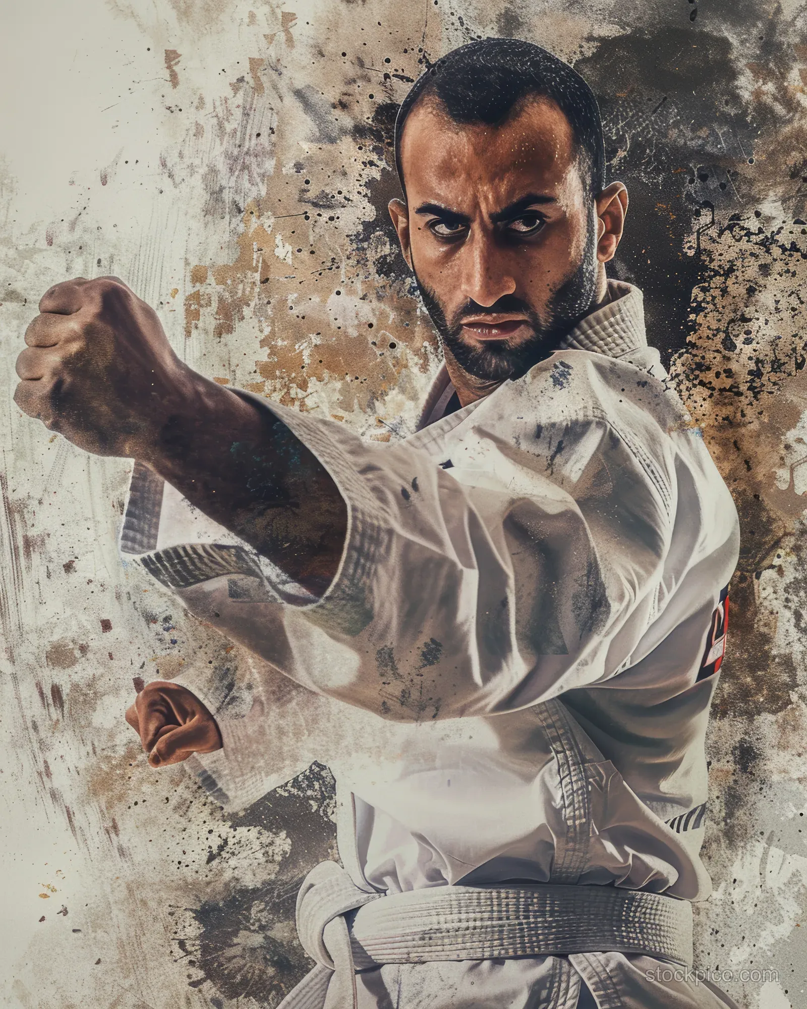 An Egyptian heavyweight taekwondo athlete in a white dobok raises his guard for a counter-kick as dust splashes around him.