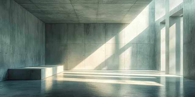 Empty concrete interior room with geometric recesses and soft sunlight casting long shadows on the floor.